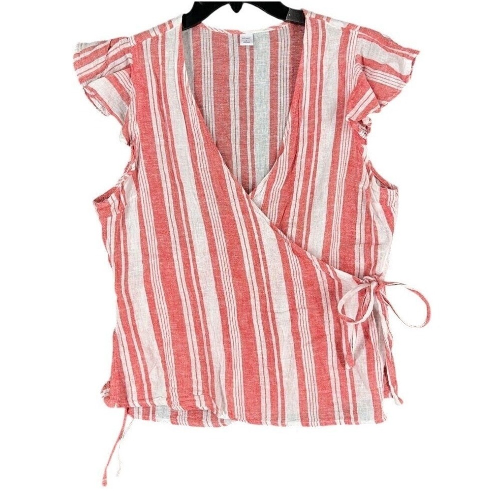 Old Navy Shirt Womens Large Red Wrap Chambray Basic Cotton Linen Striped Cropped